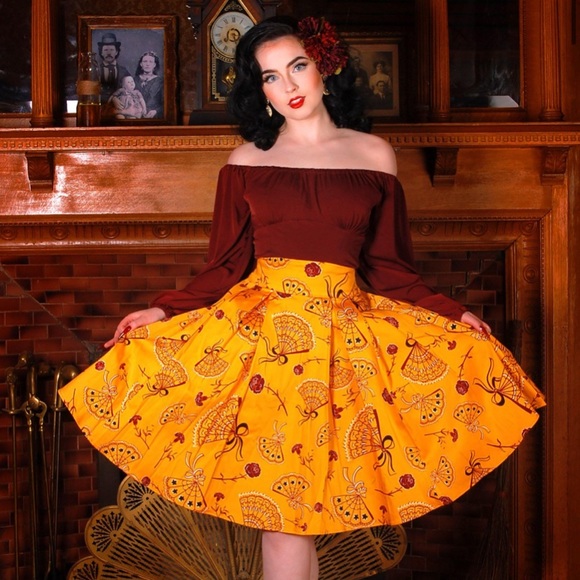 Pinup Couture Dresses & Skirts - Pinup Couture Pinup Girl Clothing Little June Skirt In Mustard Spanish Fans XL